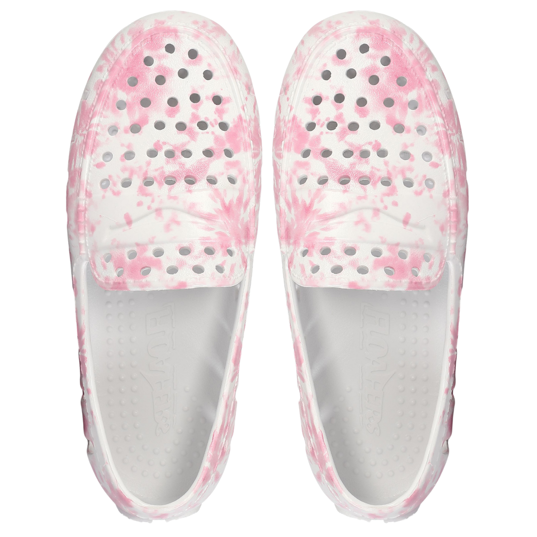 White clogs with pink floral pattern on a white background